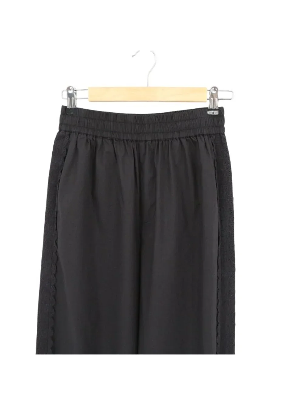 Sonmer Embroidered Lace Trim Sides Black Wide Leg Pants L